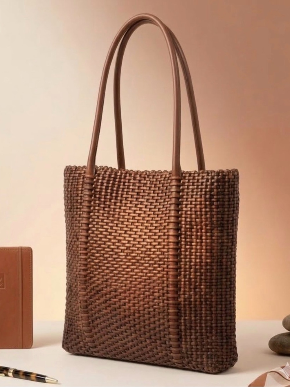 Nine West Vintage Woven Leather Vertical Tote Bag Boho Brown Shoulder Handbag